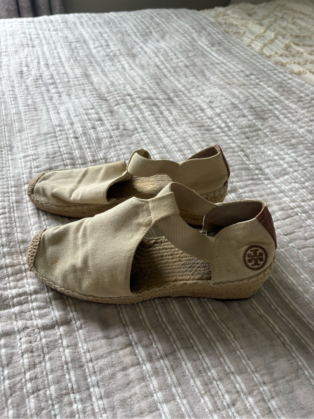 Tory Burch Neutral Canvas Espadrille Wedges with Brown Heel Accent